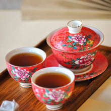 Load image into Gallery viewer, a close up details of enamel gaiwan and tea cup
