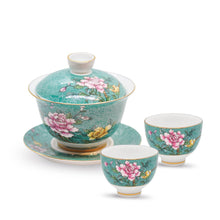 Load image into Gallery viewer, set of enamel tea set with a gaiwan and two tea cups
