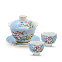 Load image into Gallery viewer, set of enamel tea set with a gaiwan and two tea cups
