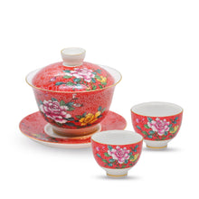 Load image into Gallery viewer, set of enamel tea set with a gaiwan and two tea cups
