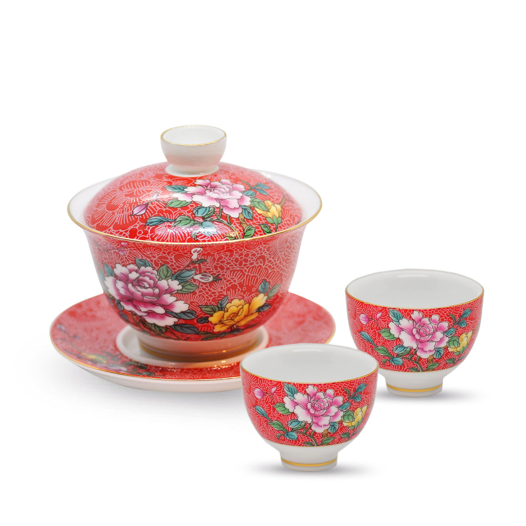 set of enamel tea set with a gaiwan and two tea cups